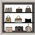Stylish Designer Bags in Neutral Tones Displayed on Three Tiered Shelves