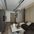 Modern Living and Dining Room Interior With Wooden Slat Wall Dark Sofa and Coffee Table