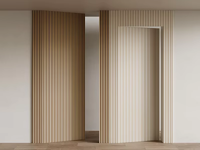 Wooden Slat Partitions Forming Doorway In Interior With Light Wall And Wooden Floor 3d model