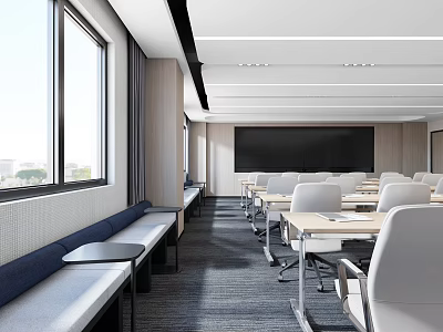 Modern Conference Room Interior With Large Window Black Screen Tables Chairs Bench And Gray Carpet 3d model
