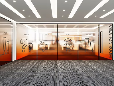 Modern Innovation Lab Space With Glass Partition Walls Icons Light Bulb And Gray Carpet 3d model