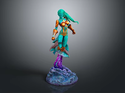 Detailed Fantasy Character Figure With Green Hair Orange Blue Outfit And Purple Blue Base 3d model
