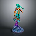 Detailed Fantasy Character Figure With Green Hair Orange Blue Outfit And Purple Blue Base