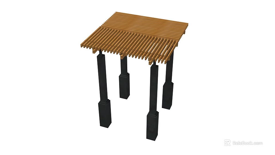 Outdoor Wooden Pavilion Structure With Slatted Roof And Black Pillars 3d model 