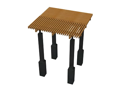 Outdoor Wooden Pavilion Structure With Slatted Roof And Black Pillars 3d model