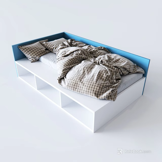 Modern Kids Bed with Blue Headboard White Frame Plaid Bedding and Storage 3d model 