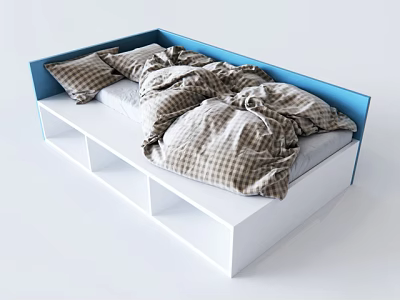 Modern Kids Bed with Blue Headboard White Frame Plaid Bedding and Storage 3d model
