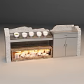 Stone Metal Display Shelf With White Bowls On Top And Baked Goods In Grid Cabinet