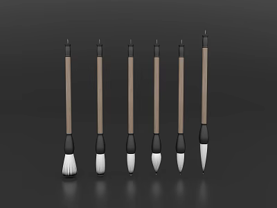 Six Wooden Handle Writing Brushes with Various Tip Shapes on Dark Background 3d model