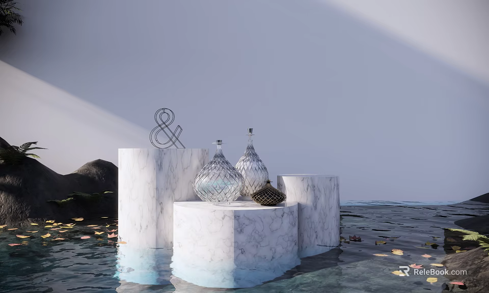 Elegant Decorative Ornament Set With Marble Base Glass Vases Metal Ampersand Symbol And Floating Decorations 3d model 