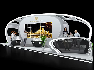 Monica Tower Exhibition Booth With Modern Curved Design And Large Cityscape Screen 3d model