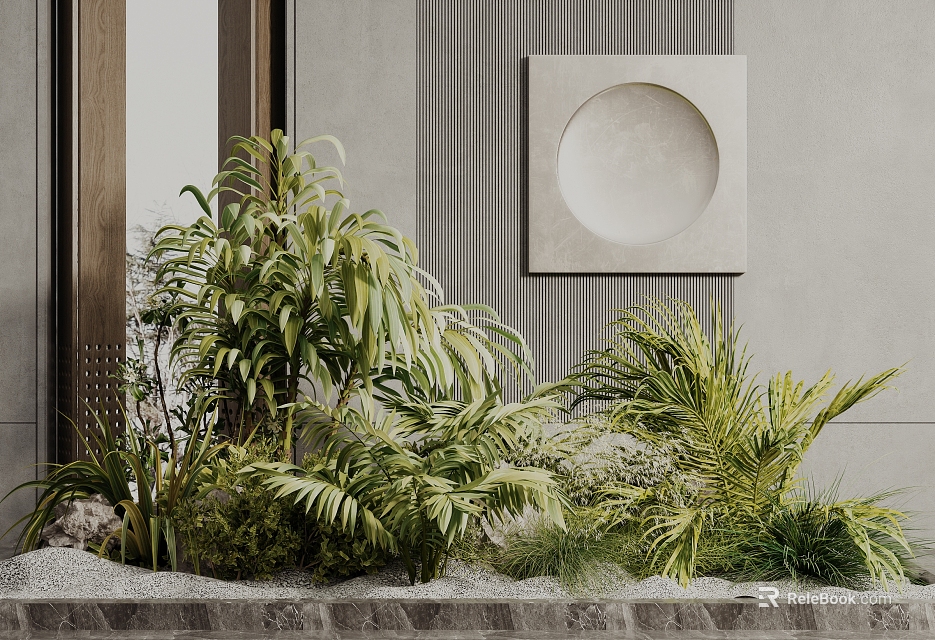 Lush Green Tropical Plants Against Modern Textured Wall With Circular Art Piece Indoor Garden 3d model 