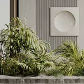 Lush Green Tropical Plants Against Modern Textured Wall With Circular Art Piece Indoor Garden