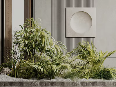 Lush Green Tropical Plants Against Modern Textured Wall With Circular Art Piece Indoor Garden 3d model