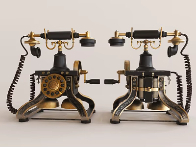 Vintage Rotary Dial Telephones With Antique Brass Metal Design And Classic Style 3d model