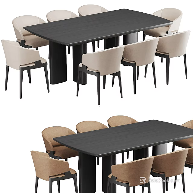 Modern Black Rectangular Dining Table With Beige Chairs And Contemporary Minimalist Design 3d model