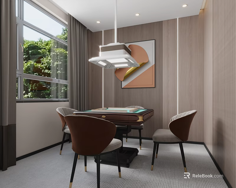 Modern Entertainment Room With Mahjong Table Chairs Window And Artwork 3d model