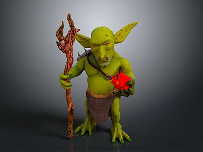 3D Fantasy Goblin Character With Green Skin Holding Trident Staff And Red Object 3d model
