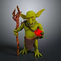 3D Fantasy Goblin Character With Green Skin Holding Trident Staff And Red Object