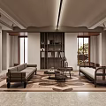 Modern Living Room Interior With Wooden Sofas Coffee Tables Built in Bookshelf And Patterned Floor