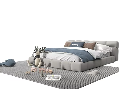 Modern Gray Double Bed With Blue Bedding Pillows On Carpet And Stuffed Deer Toys 3d model