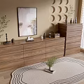 Wooden Console Cabinet And Side Cabinet In Modern Entryway With Wall Art Plants And Rug