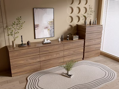 Wooden Console Cabinet And Side Cabinet In Modern Entryway With Wall Art Plants And Rug 3d model