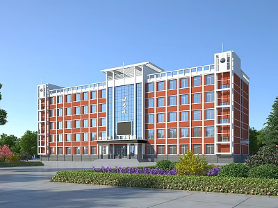 Red Brick School Building Facade With Large Windows Flower Beds And Blue Sky 3d model