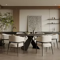 Modern Restaurant Interior With Round Black Dining Table White Chairs Potted Plant And Wooden Shelves