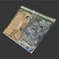Aerial Planning View Of Construction Site With Sand Piles Trucks And Materials