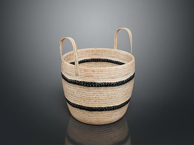 Handcrafted Beige Woven Basket With Black Stripes And Dual Handles For Storage Decor 3d model