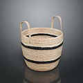 Handcrafted Beige Woven Basket With Black Stripes And Dual Handles For Storage Decor