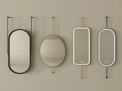 Stylish Set of Four Mirrors with Various Shapes and Metallic Frames Hanging on Beige Wall 3d model