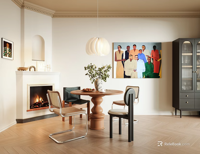 Elegant Dining Room Interior With Fireplace Round Table Chairs Pendant Light And Painting 3d model 