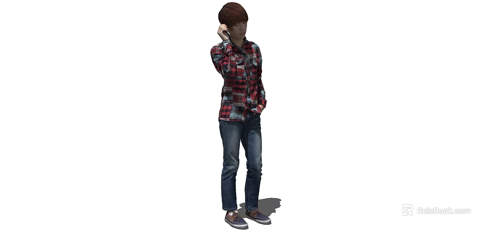 A Man In Red And Black Plaid Shirt Talking On Phone With Hand In Pocket 3d model 
