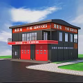 Modern Black and Red Fire Station Building with Fire Services Sign Green Lawn and Road