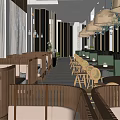 Modern Restaurant Interior With Wicker Chairs Wooden Tables Green Walls And Pendant Lights