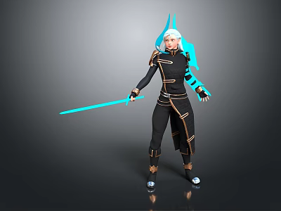Woman Wearing Black Outfit With Gold Accents Holding Blue Glowing Sword And White Hair 3d model