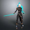 Woman Wearing Black Outfit With Gold Accents Holding Blue Glowing Sword And White Hair