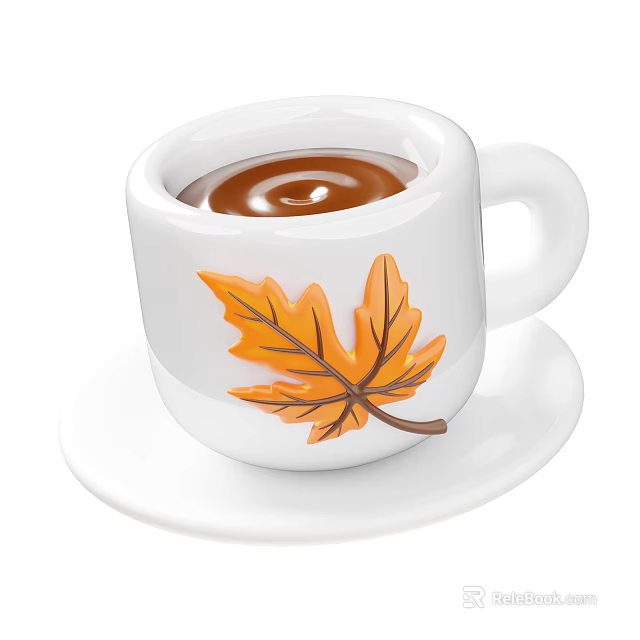 Elegant White Ceramic Cup Featuring Maple Leaf Design On White Saucer 3d model 