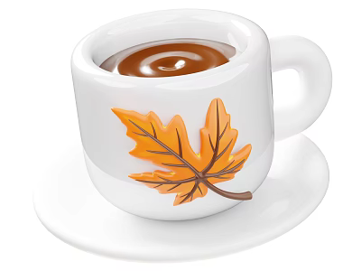 Elegant White Ceramic Cup Featuring Maple Leaf Design On White Saucer 3d model