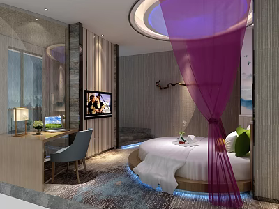 Hotel Room Interior With Modern Bed Purple Canopy Work Desk And Decorative Lighting 3d model