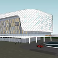 Modern Commercial Complex Architecture With Glass Facade Wooden Structure Geometric Ceiling And Green Lawn
