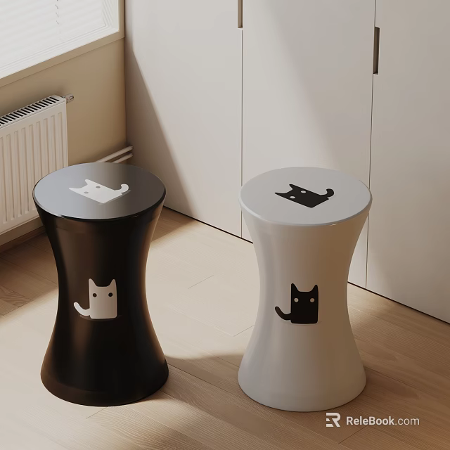 Black and White Stools with Cat Patterns in Modern Indoor Interior Design 3d model