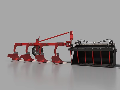 Functional Agricultural Vehicle With Multiple Red Plow Blades And Black Storage 3d model