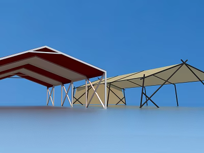 Red and White Tent with Metal Frame and Beige Canopy Under Blue Sky 3d model