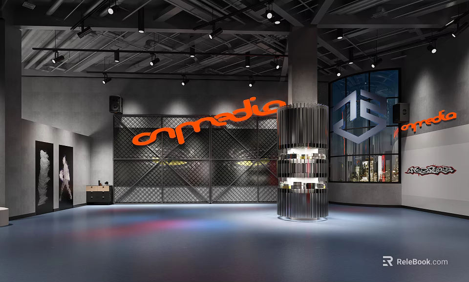 Modern Fitness Studio Interior With Dynamedia Logo And Stylish Display Stand 3d model 