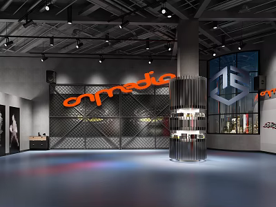 Modern Fitness Studio Interior With Dynamedia Logo And Stylish Display Stand 3d model