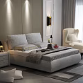 Modern Bedroom Background Double Bed With Gray Bedding Side Tables White Armchair And Wall Sconces