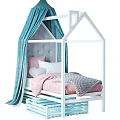 House Shaped Top White Children's Bed With Blue Canopy Pink White Pillows And Gray Blanket
